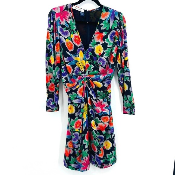 NEIMAN MARCUS Vintage Floral Print Long Zip Sleeve Ruched Waist Midi Dress 10 - Picture 1 of 7